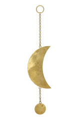Shiny golden crescent moon ornament hangs vertically from a delicate chain with a small disc at the bottom, isolated on a white background © no one