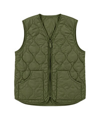 Khaki green quilted puffer vest with zipper and pockets, isolated on a clean white background, shot from a front view © no one