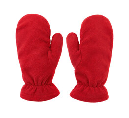 Pair of bright red fleece mittens with elastic cuffs is displayed against a clean white background © no one
