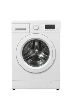 Modern white front-loading washing machine with a sleek design and visible control panel, isolated on a clean white background