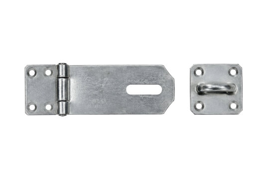 Shiny silver metal hasp and staple set, designed for security, is isolated on a clean white background