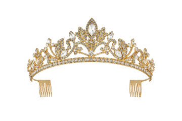 Elegant golden bridal tiara adorned with sparkling clear rhinestones, featuring intricate scrollwork and a regal design on a clean white background © no one