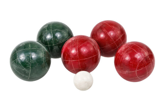 Set of five vintage bocce balls, two green, three red, and one white pallino, arranged on a clean white background