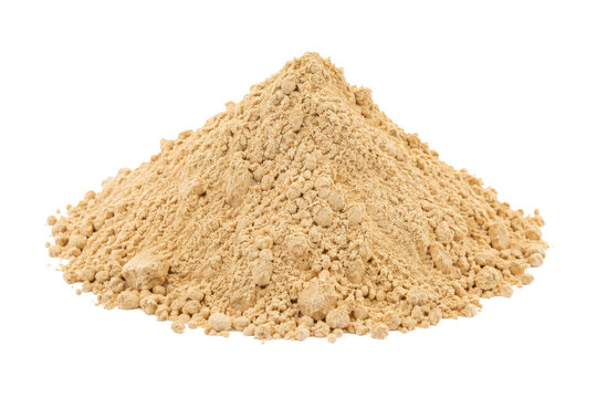 Large pile of light brown powder, possibly maca or protein, is isolated on a clean white background
