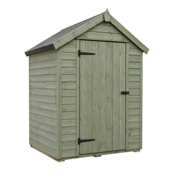 New wooden garden shed with a green-grey finish and dark roof, featuring a single door and black hardware, isolated on a white background