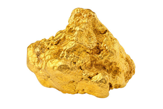 Large, raw, irregularly shaped gold nugget with a textured surface, brightly lit against a clean white background