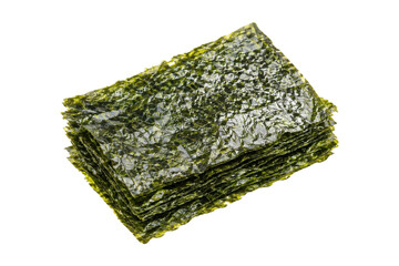 Stack of crispy roasted seaweed sheets, a popular healthy snack, isolated on a clean white background with natural light © no one