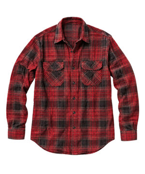 Classic red and black plaid flannel shirt with long sleeves and two chest pockets, neatly laid flat on a white background