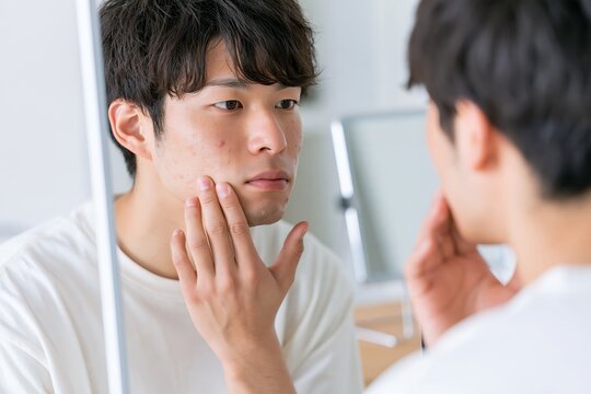 洗面所の鏡で肌のトラブルに真剣に悩む若い男性の顔