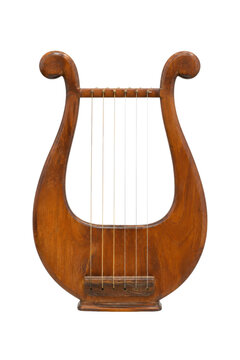 Antique wooden lyre, a classical string instrument with a rich brown finish, stands upright on a clean white background