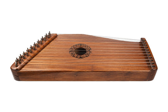 Traditional wooden zither, a stringed musical instrument, is captured in a studio shot against a clean white background