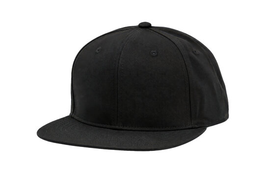 Black flat brim baseball cap with textured fabric is angled on a clean white background