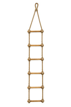 Simple brown rope ladder with wooden rungs and sturdy knots, hanging vertically against a clean white background