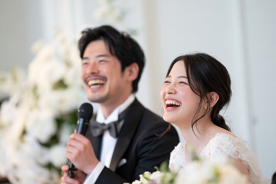 喜び溢れる結婚式で幸せいっぱいの笑顔を見せる新郎新婦