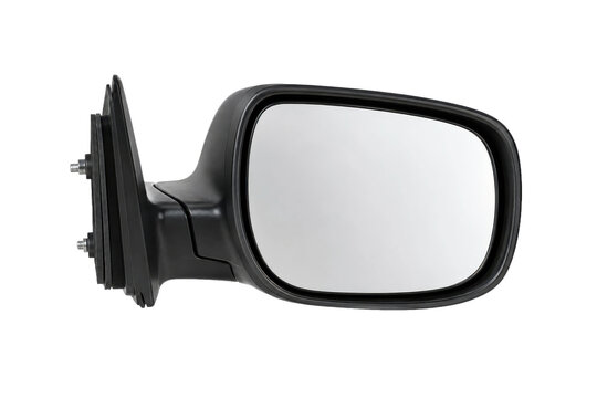 Black plastic car side mirror with a reflective glass surface is presented on a clean white background, showcasing its automotive design