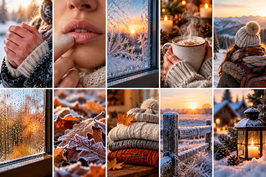 Collection de dix sc&egrave;nes hivernales avec givre, v&ecirc;tements chauds, paysages enneig&eacute;s et ambiance cocooning