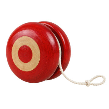 Classic red wooden yo-yo with a cream-colored target design and white string, captured on a clean white background