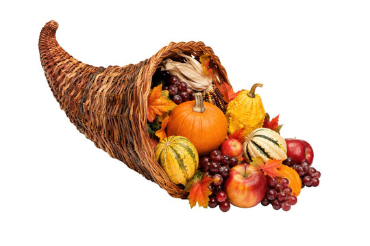 Traditional woven cornucopia overflowing with colorful autumn harvest fruits and vegetables on a clean white background, symbolizing abundance and gratitude