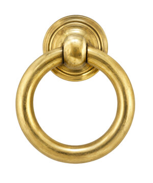 Shiny golden brass ring knocker with a circular backplate, showcasing its classic design and metallic texture on a white background