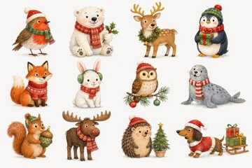 Fototapeta premium Watercolor Christmas woodland animals collection with festive decorations