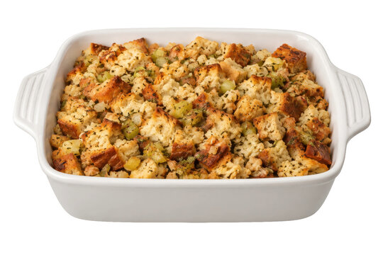 Delicious homemade bread stuffing, a classic Thanksgiving side dish, baked golden brown in a white ceramic casserole dish