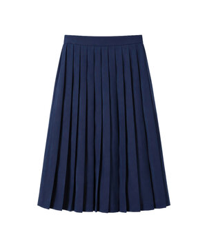 Stylish dark blue pleated midi skirt, made from smooth fabric, is neatly displayed on a clean white background