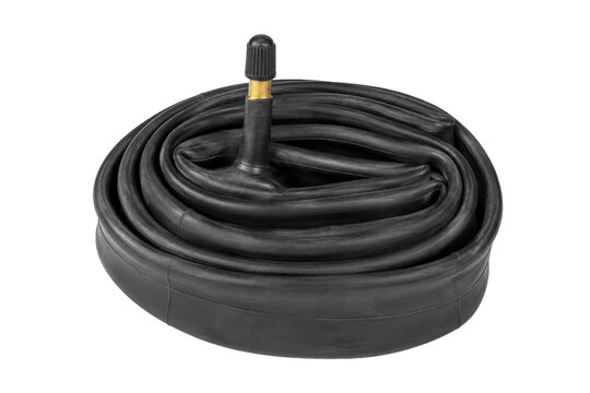 New black bicycle inner tube, neatly coiled with a visible valve, is isolated on a clean white background