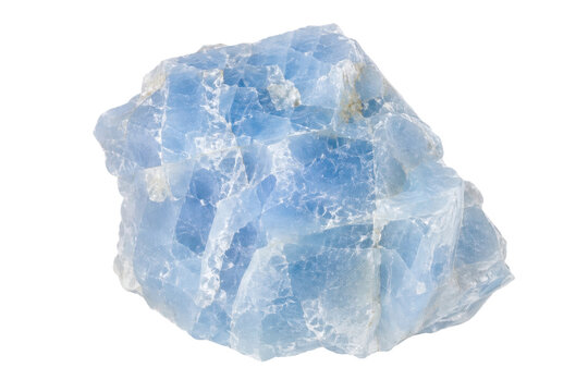 Rough blue calcite mineral specimen displaying its natural crystalline structure and light blue hue on a clean white background