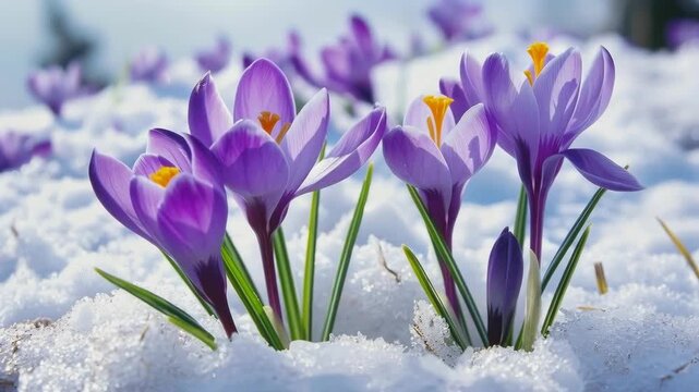 Purple Crocus Flowers Blooming in Snow
