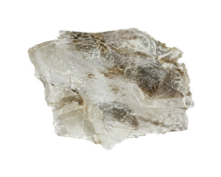 Large, translucent, irregularly shaped muscovite mica mineral specimen with visible layers and a rough texture, isolated on a white background