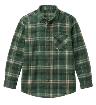 Classic green and beige plaid flannel shirt with long sleeves and a single chest pocket, neatly laid flat on a clean white background