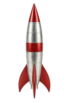 Vintage red and silver toy rocket with distressed metallic texture, standing upright on a clean white background