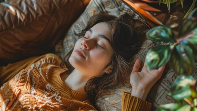 Portrait of a Young Woman Sleeping Peacefully in a Knit Sweater
