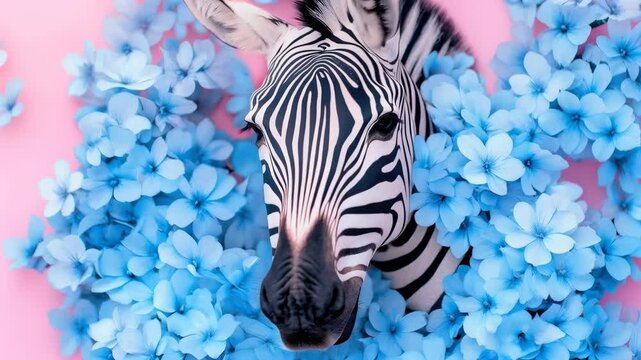 Close-up of a Zebra Head Nestled in Blue Flowers Against a Pink Background