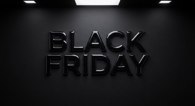 Black Friday 3d glossy text on dark wall under spotlights banner
