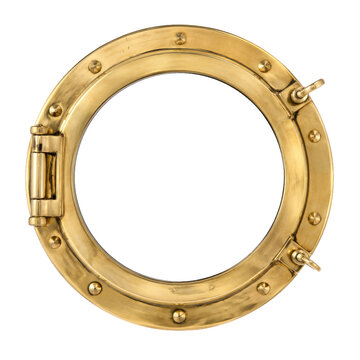 Shiny brass ship's porthole with a circular glass opening and visible rivets, isolated on a clean white background