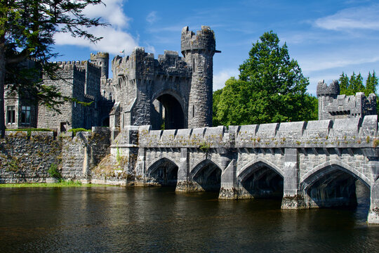 Ashford Castle and Bridge across River Cong Historic 13th century Medieval Castle and Luxury Hotel on Shores of Lough Corrib Cong County Mayo Ireland