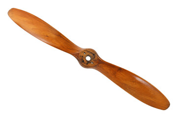Vintage wooden airplane propeller with two blades, featuring a rich brown grain and central mounting holes, isolated on a white background © no one