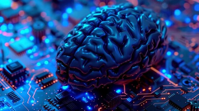 Glowing blue artificial intelligence brain on a digital circuit board