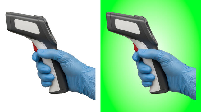 Medical infrared thermometer scanning hands with gloves