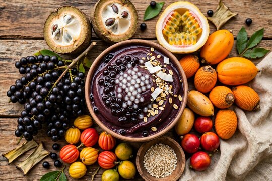 acai bowl with amazonian fruits cupuacu passion fruit and acerola on rustic wooden table Belem Para Brazil