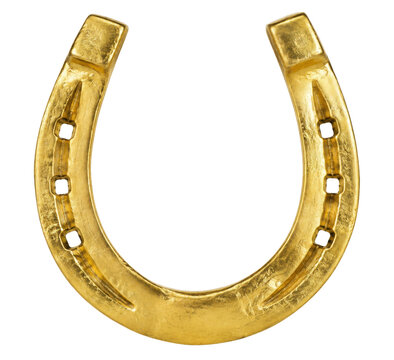 Shiny golden horseshoe, symbolizing good luck and fortune, is perfectly centered on a clean white background with soft, even lighting