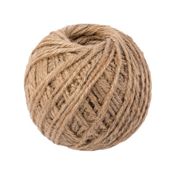 Single natural brown twine ball, neatly wound and textured, is isolated on a clean white background