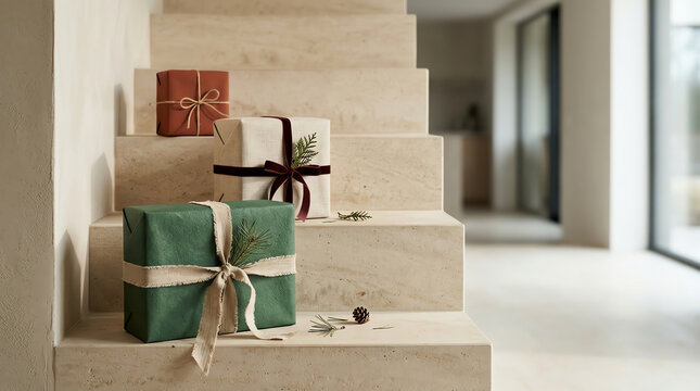 Three christmas gifts wrapped in green, white, and terracotta paper with velvet ribbons and pine sprigs placed on light beige stone stair steps