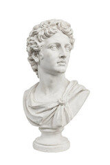Fototapeta premium White plaster bust of a young man with curly hair and draped toga, looking right, isolated on a clean white background
