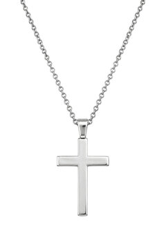 Elegant silver cross pendant necklace with a polished finish, hanging vertically on a delicate chain against a clean white background