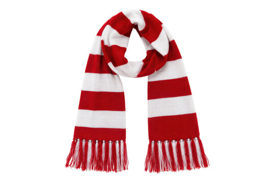 Red and white striped knitted scarf with tassels, draped elegantly on a pure white background, showcasing its soft texture