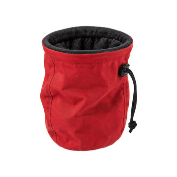 Vibrant red climbing chalk bag with a black drawstring and soft inner lining, photographed on a clean white background