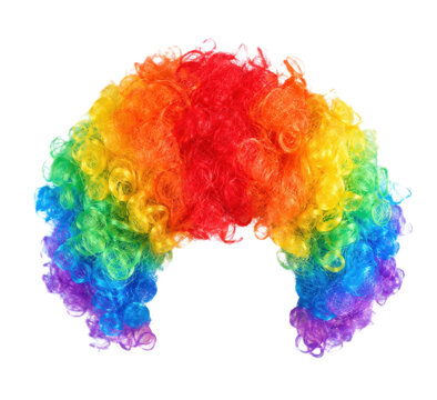 Vibrant rainbow-colored curly clown wig, a fun and festive accessory, brightly lit against a clean white background, perfect for celebrations