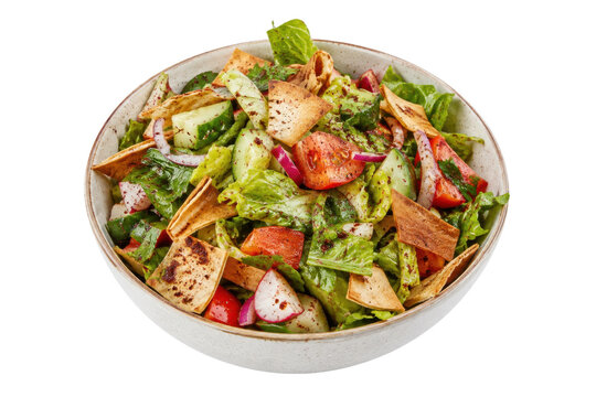 Fresh vibrant Fattoush salad with crisp lettuce, tomatoes, cucumbers, radishes, red onions, and toasted pita bread, presented in a bowl on a white background